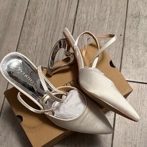 Elegant White Slingback weeding shoes with heart Heels